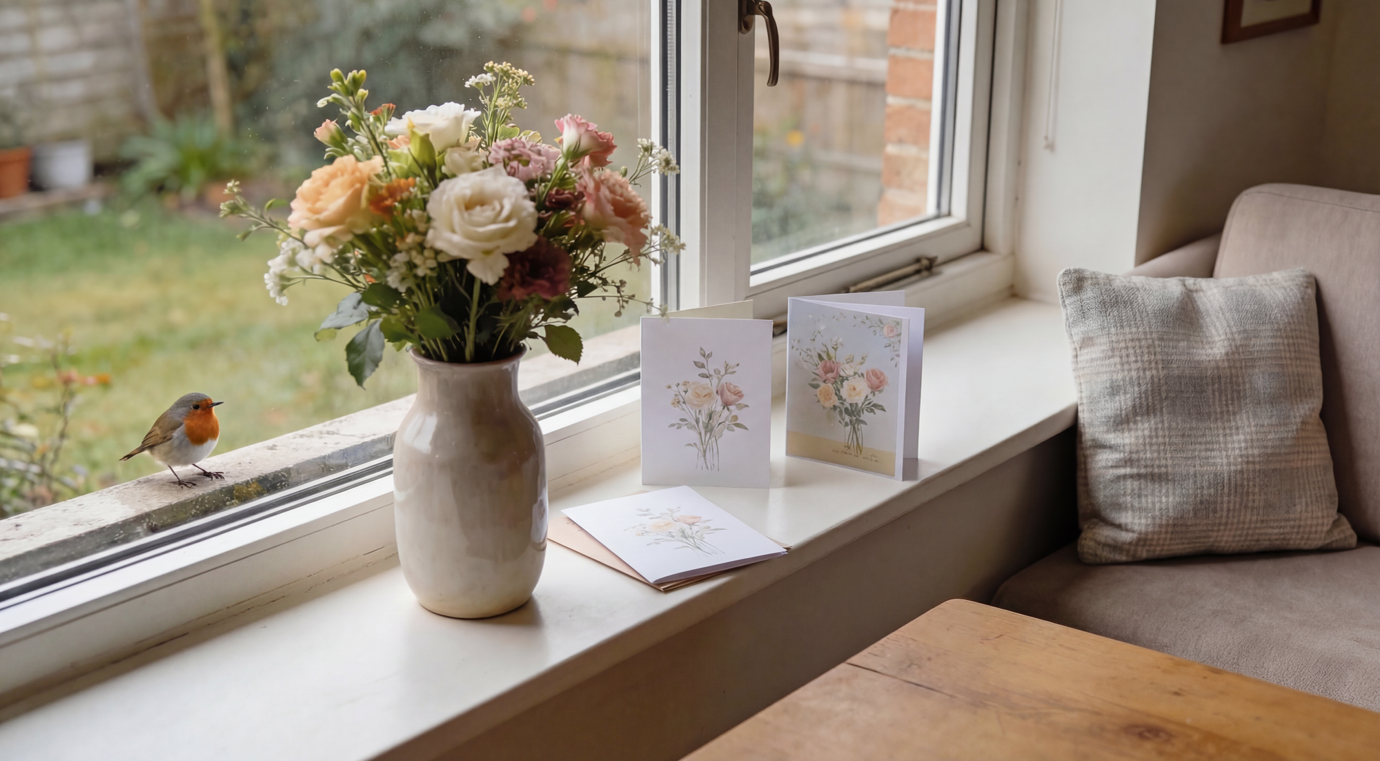 Floral arrangement in a vase on a windowsill with books and a robin nearby.