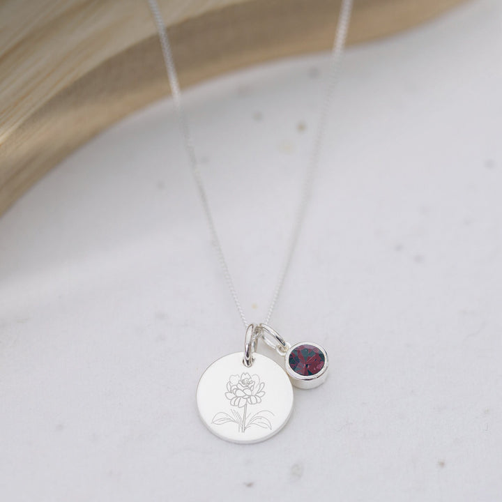 JANUARY Garnet Birthstone Necklace - Engraved Birth Flower