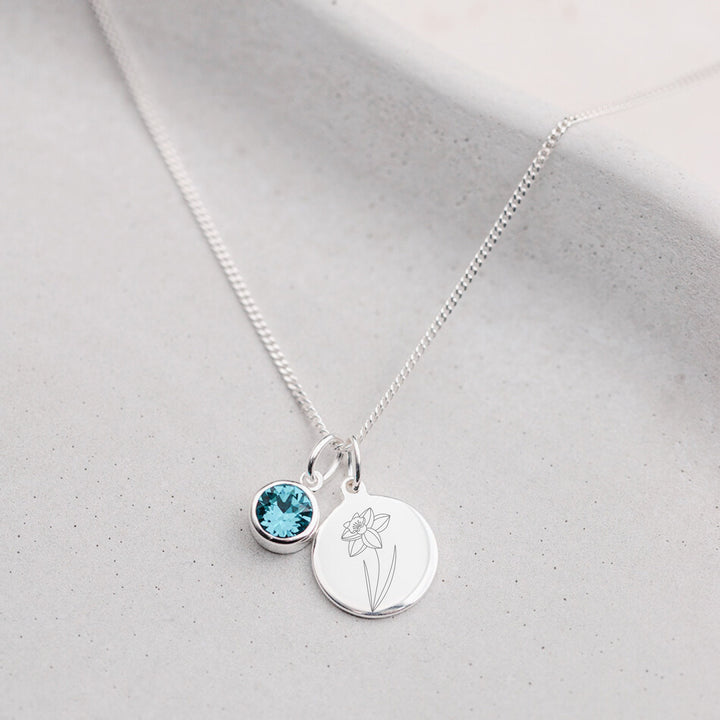 MARCH Aquamarine Birthstone Necklace - Engraved Birth Flower