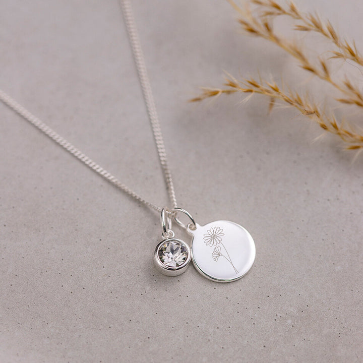 APRIL Crystal Birthstone Necklace - Engraved Birth Flower