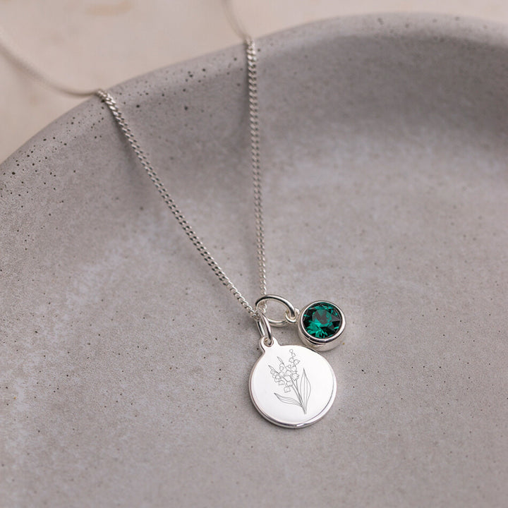 MAY Emerald Birthstone Necklace - Engraved Birth Flower