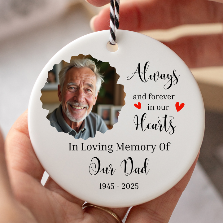 Personalised “In Loving Memory of Our Dad” Ceramic Ornament – Photo & Dates
